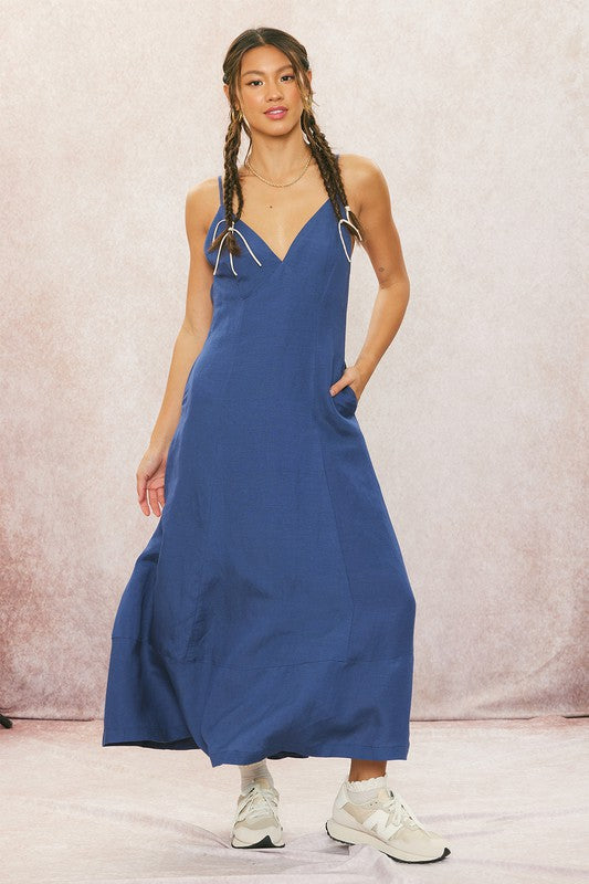Waitlist 6/20 ♥ Britton Sleeveless Open Back Linen Maxi Dress Navy
