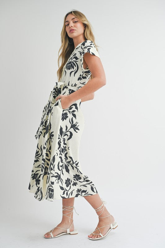 Faith Short Sleeve Button Front Floral Print Midi Dress White