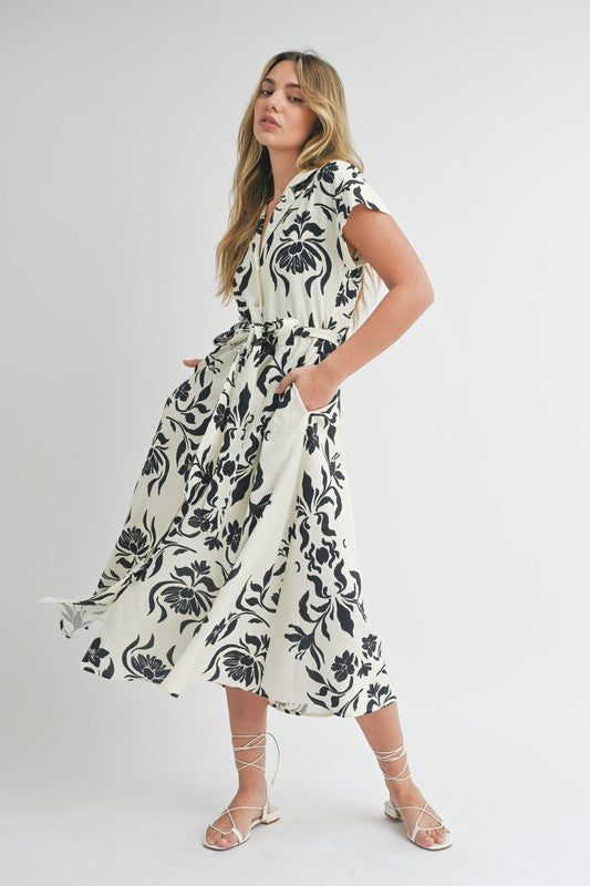 Faith Short Sleeve Button Front Floral Print Midi Dress White