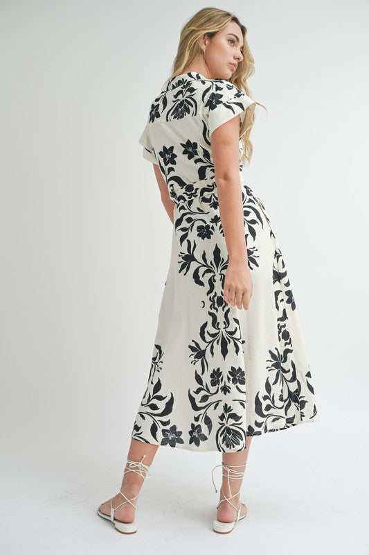 Faith Short Sleeve Button Front Floral Print Midi Dress White