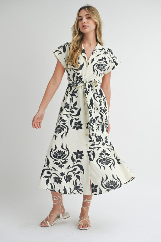 Faith Short Sleeve Button Front Floral Print Midi Dress White