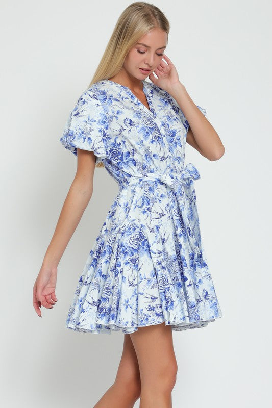 Luna Short Bubble Sleeve Floral Print Mini Dress Blue