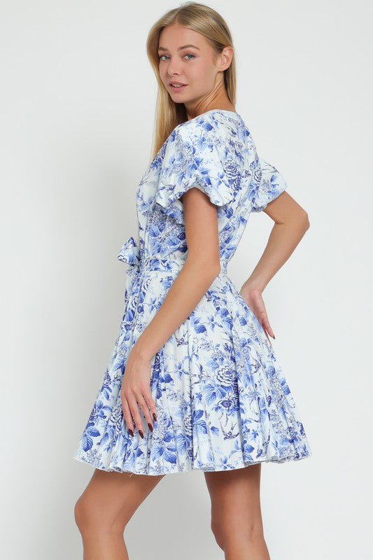 Luna Short Bubble Sleeve Floral Print Mini Dress Blue