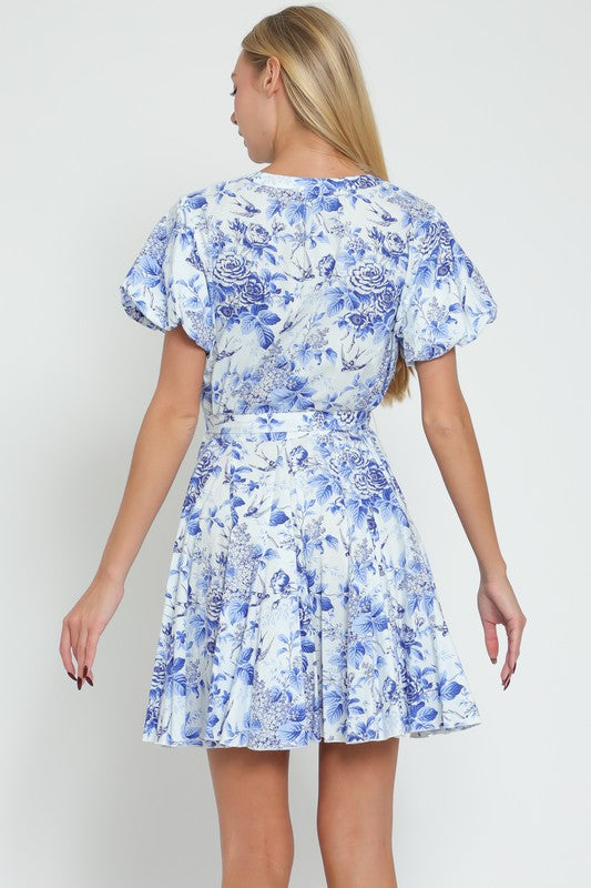 Luna Short Bubble Sleeve Floral Print Mini Dress Blue