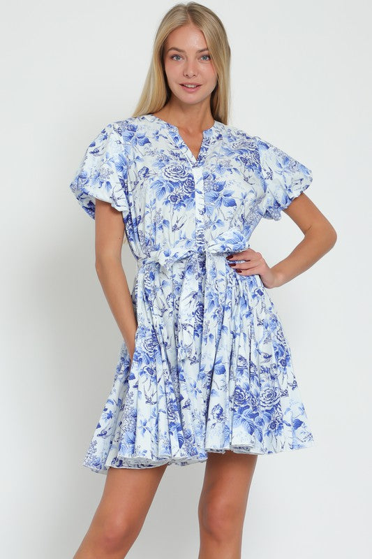 Luna Short Bubble Sleeve Floral Print Mini Dress Blue