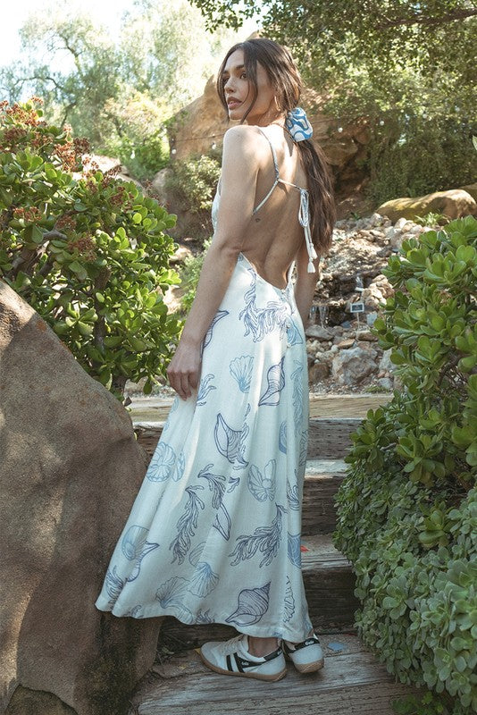 Waitlist 7/20 ♥ Eve Sleeveless Open Back Shell Print Linen Maxi Dress Ivory