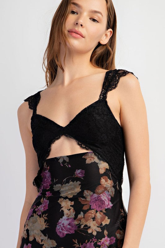 Waitlist 6/20 ♥ Wilder Floral Print Lace Trim Maxi Dress Black