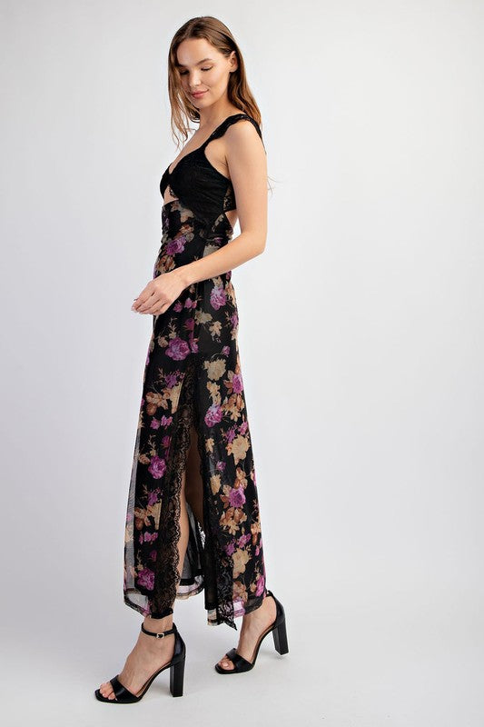 Waitlist 6/20 ♥ Wilder Floral Print Lace Trim Maxi Dress Black