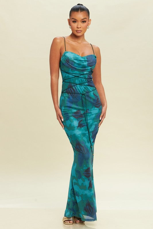 Waitlist 6/30 ♥ Sloan Sleeveless Cowl Neck Abstract Print Maxi Dress Blue