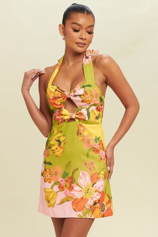 Waitlist 7/31 ♥ Jules Halter Tie Cut Out Floral Print Mini Dress Green