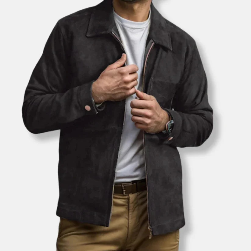 Emil – slim fit suede jacket with stand-up collar and zipper