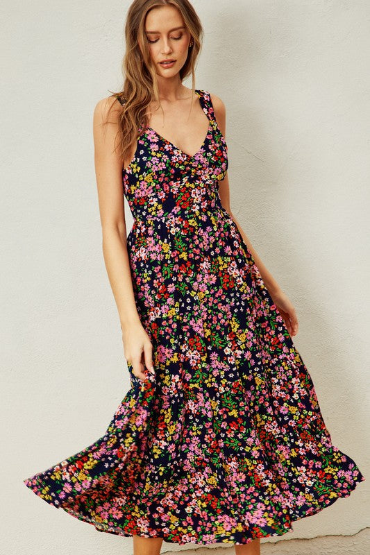 Waitlist 7/17 ♥ Lola Floral Print Back Tie Midi Dress Navy