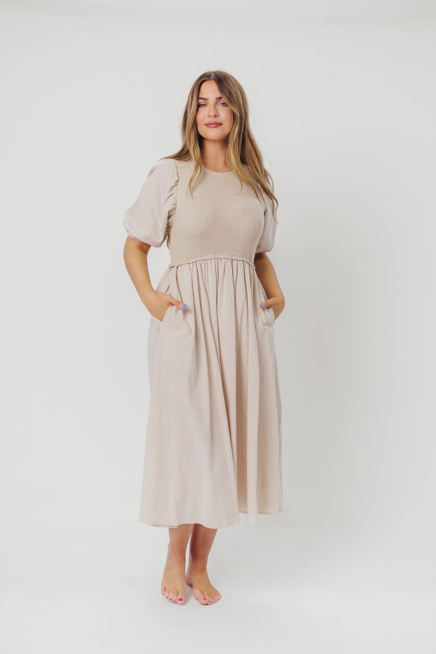 Ellis Mixed Media Midi Dress in Natural