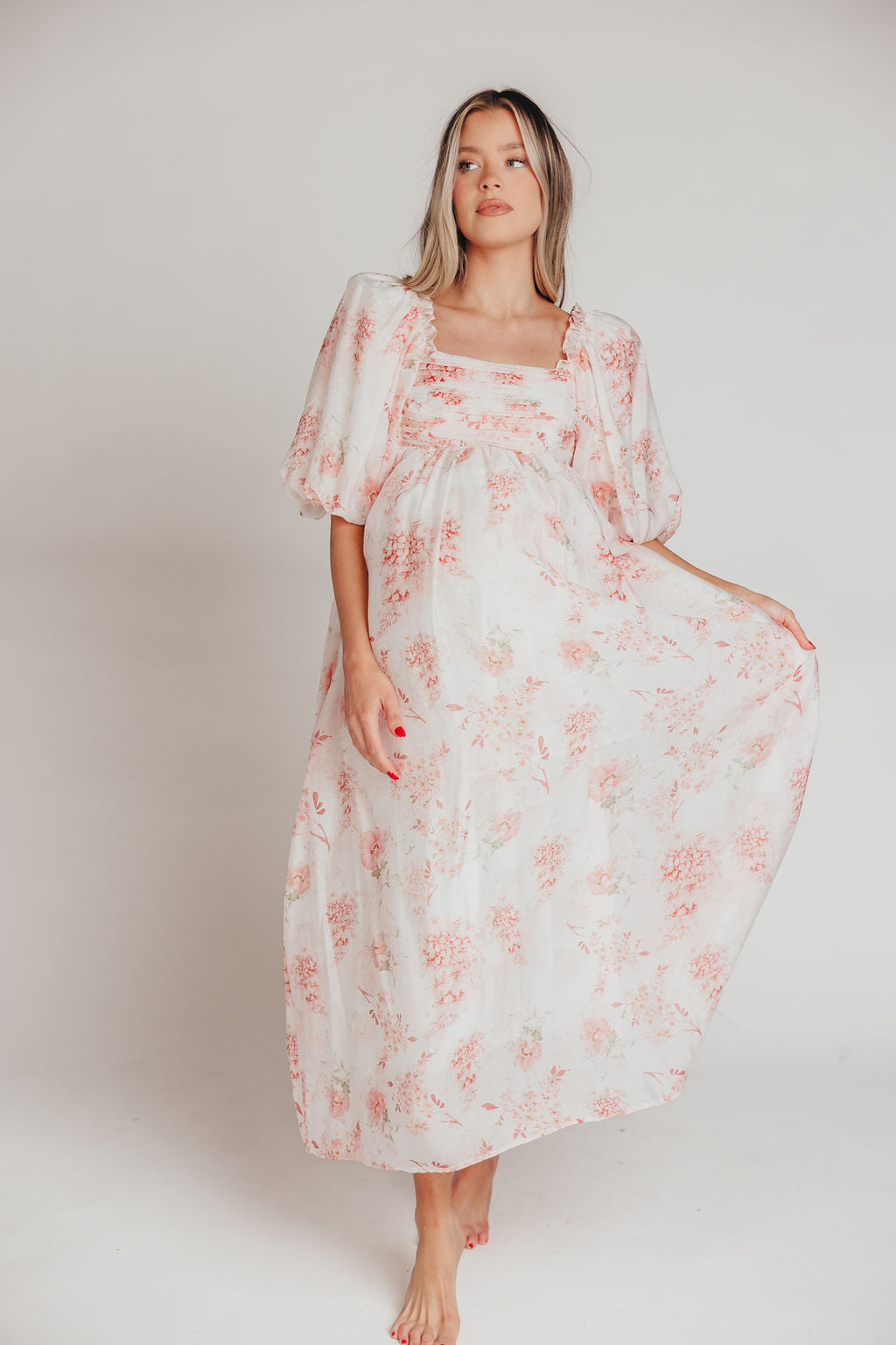 Melody Maxi Dress with Pleats and Bow Detail in Pink Floral - Bump Friendly & Inclusive Sizing (S-3XL)