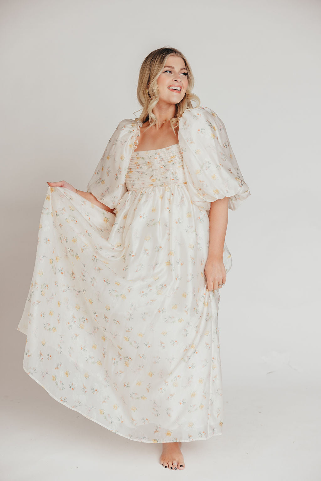 Melody Maxi Dress with Pleats and Bow Detail in Yellow Rose Floral - Bump Friendly & Inclusive Sizing (S-3XL)