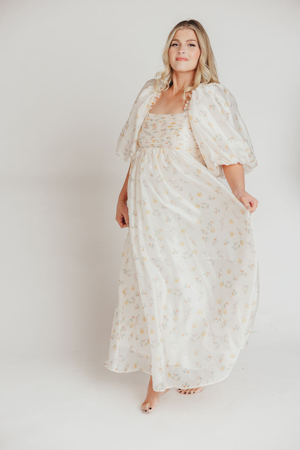 Melody Maxi Dress with Pleats and Bow Detail in Yellow Rose Floral - Bump Friendly & Inclusive Sizing (S-3XL)