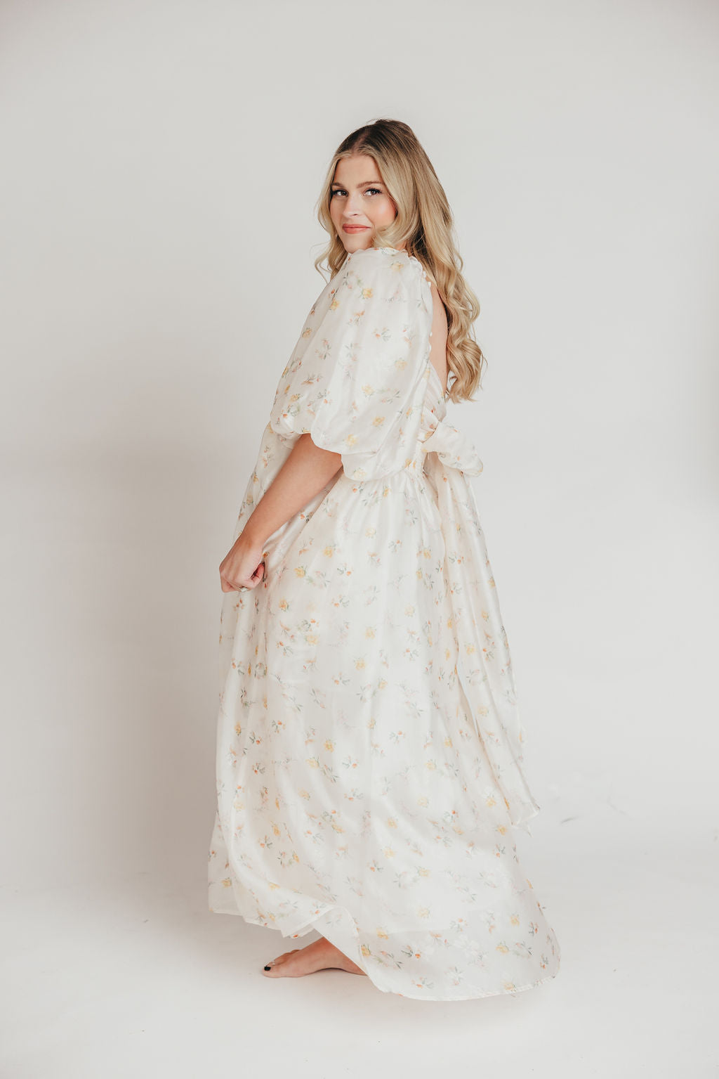 Melody Maxi Dress with Pleats and Bow Detail in Yellow Rose Floral - Bump Friendly & Inclusive Sizing (S-3XL)