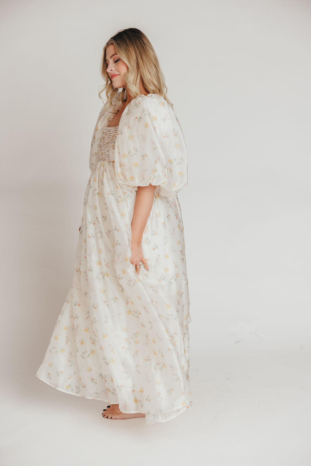 Melody Maxi Dress with Pleats and Bow Detail in Yellow Rose Floral - Bump Friendly & Inclusive Sizing (S-3XL)