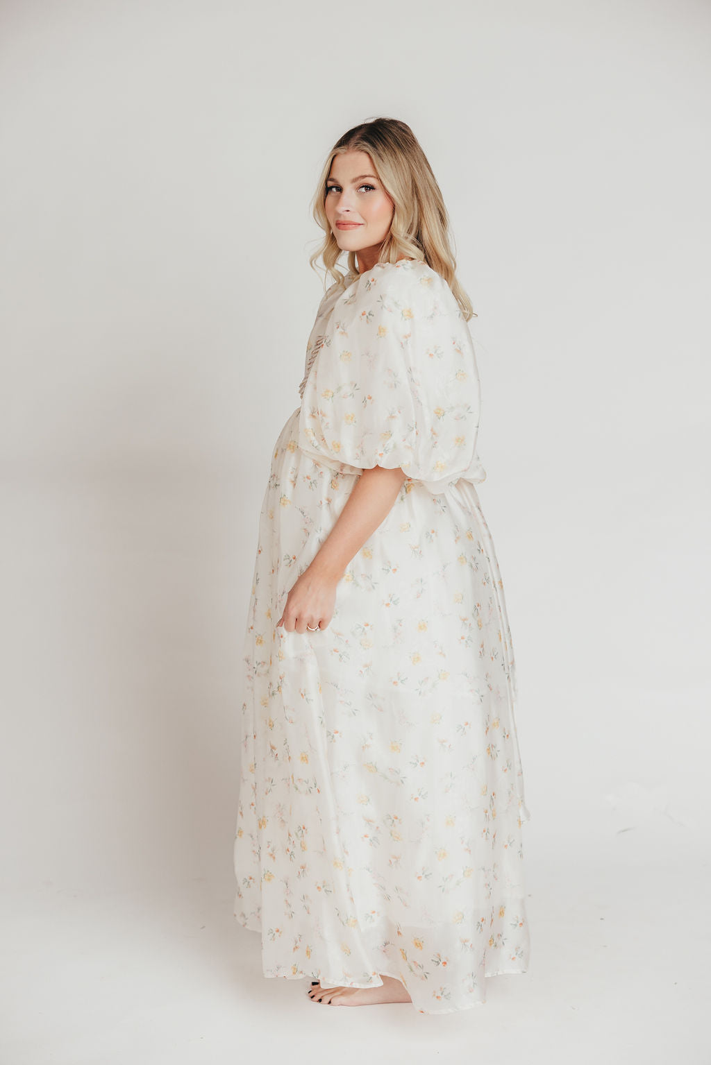Melody Maxi Dress with Pleats and Bow Detail in Yellow Rose Floral - Bump Friendly & Inclusive Sizing (S-3XL)