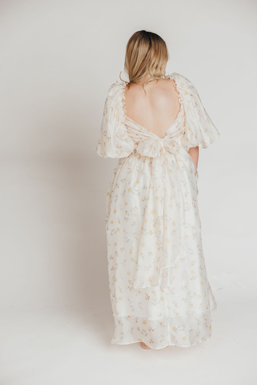 Melody Maxi Dress with Pleats and Bow Detail in Yellow Rose Floral - Bump Friendly & Inclusive Sizing (S-3XL)