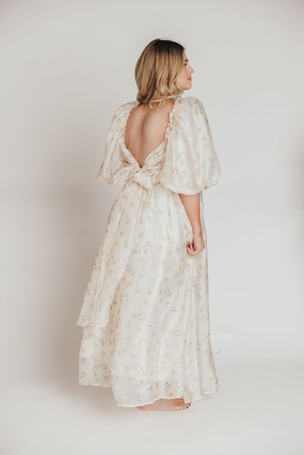 Melody Maxi Dress with Pleats and Bow Detail in Yellow Rose Floral - Bump Friendly & Inclusive Sizing (S-3XL)
