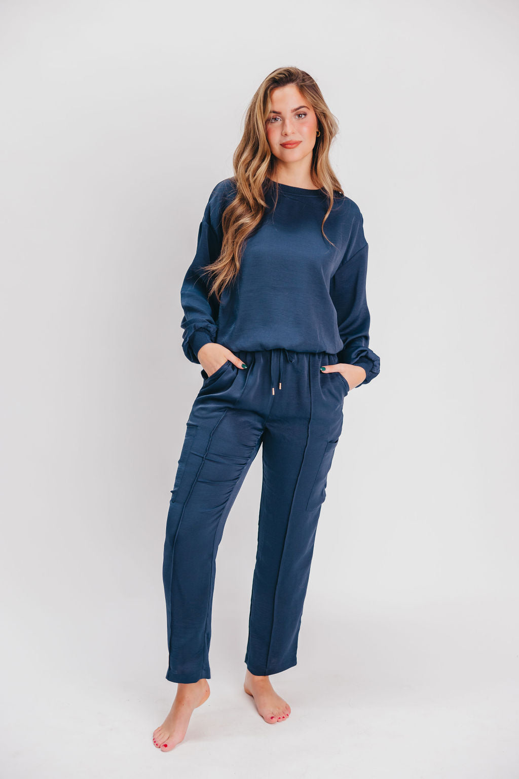 Sonny Silky Pintucked Cargo-Style Pants in Navy (top sold separately)