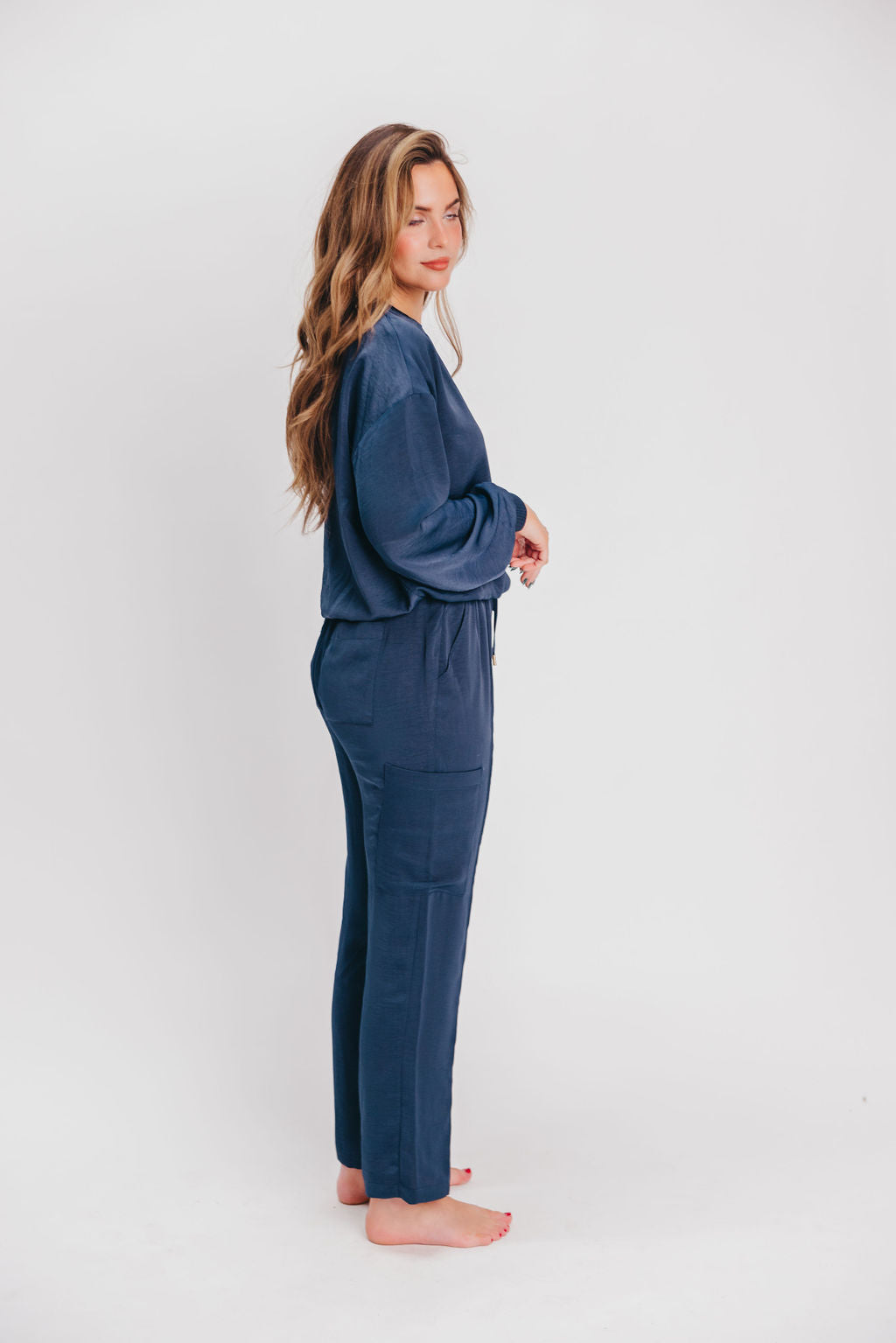 Sonny Silky Pintucked Cargo-Style Pants in Navy (top sold separately)
