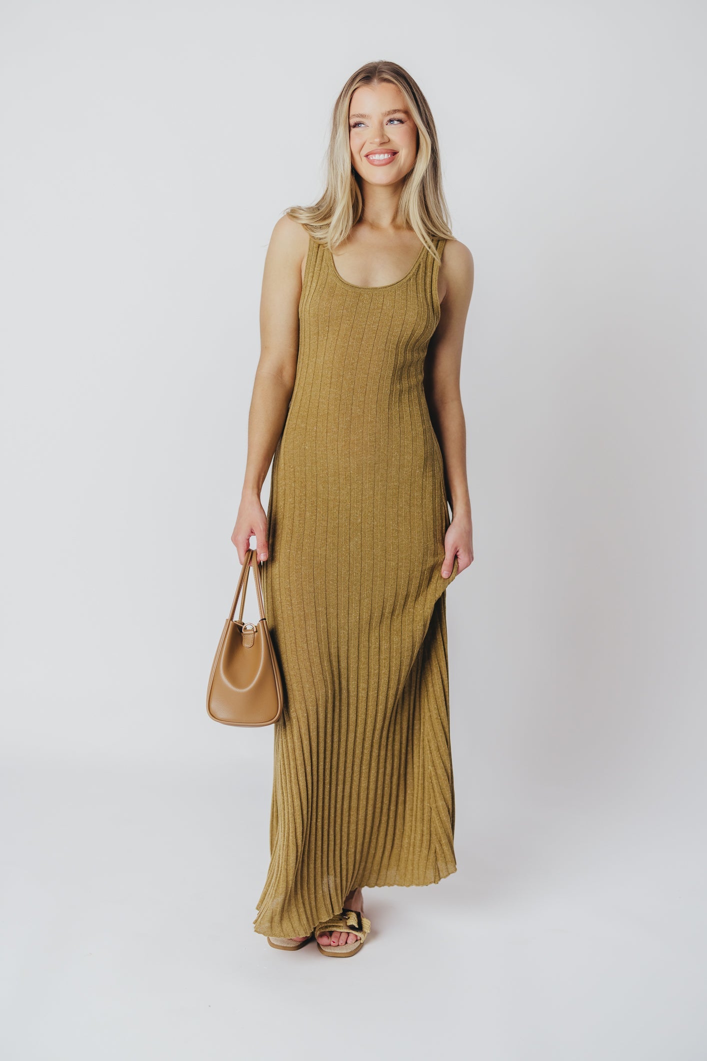 Gidea Knit Maxi Dress in Brown Olive