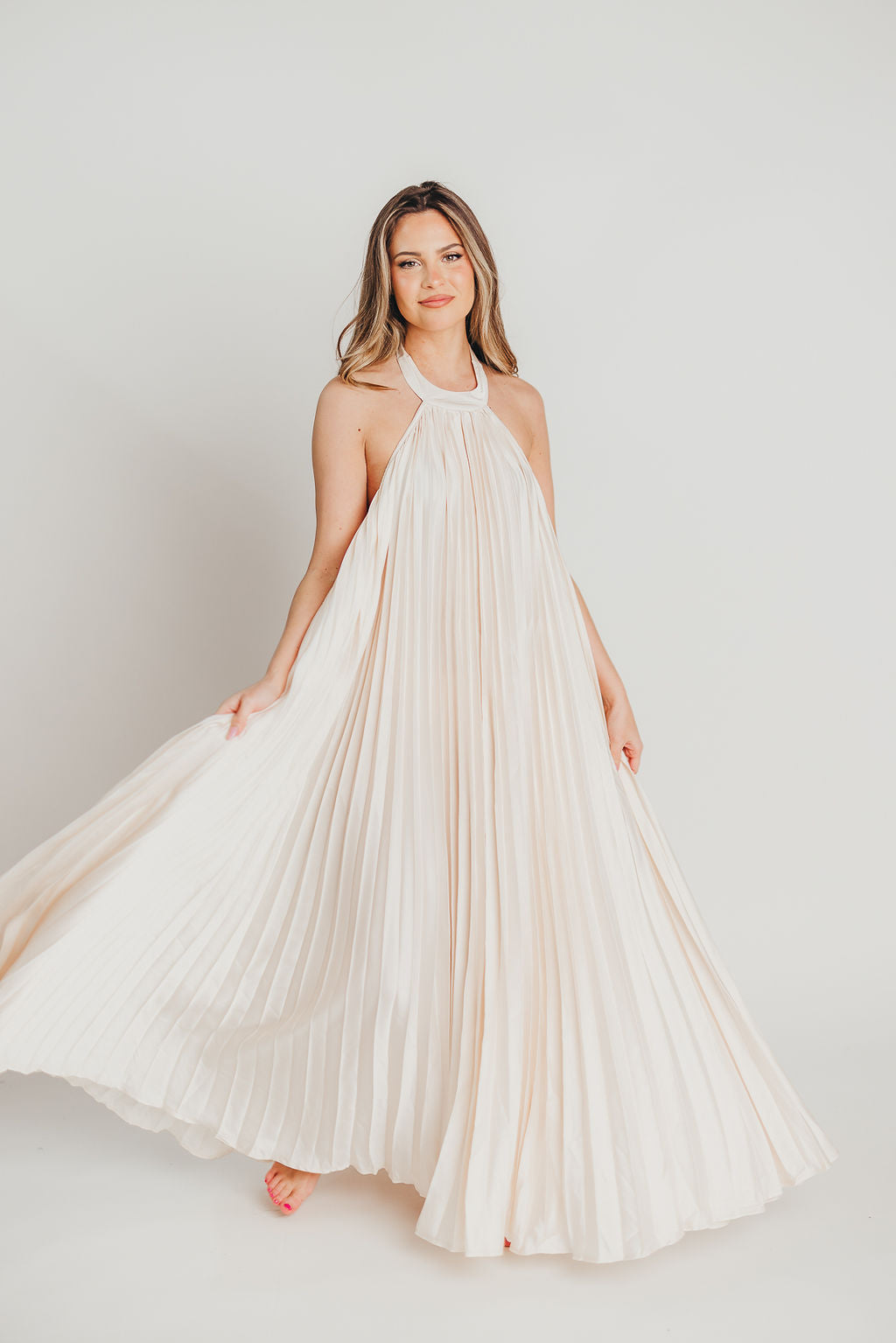 Maren Pleated Halter Maxi Dress in Cream