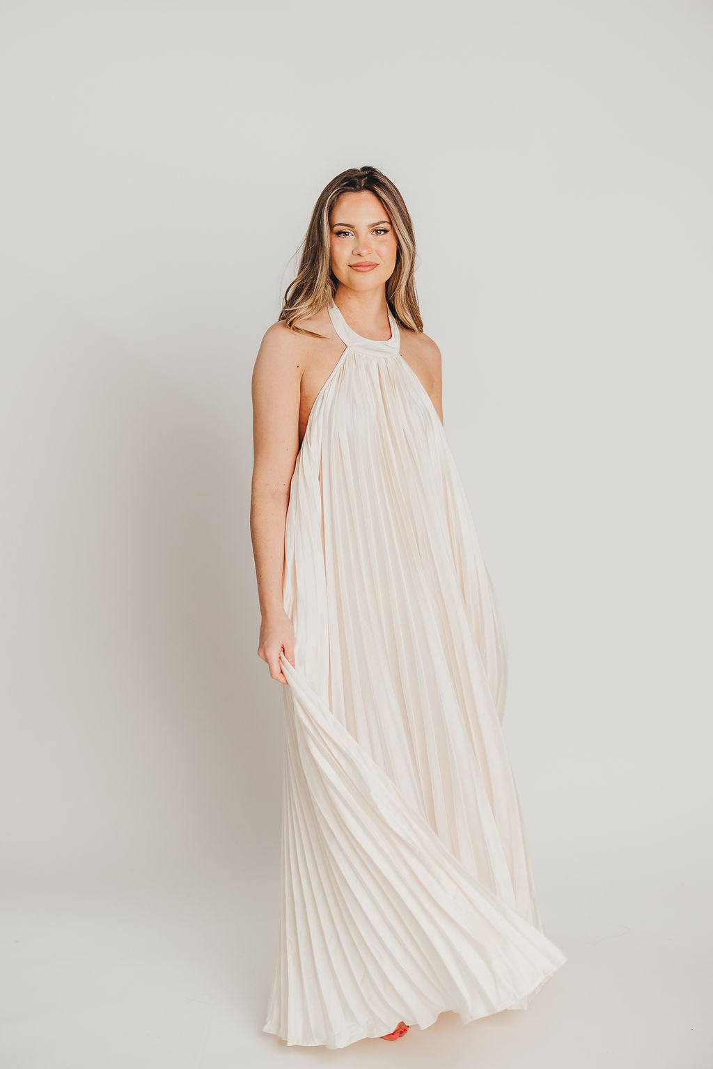 Maren Pleated Halter Maxi Dress in Cream