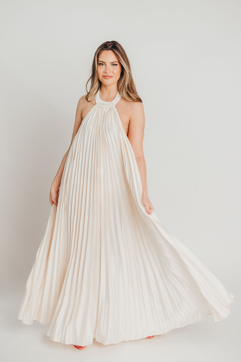 Maren Pleated Halter Maxi Dress in Cream