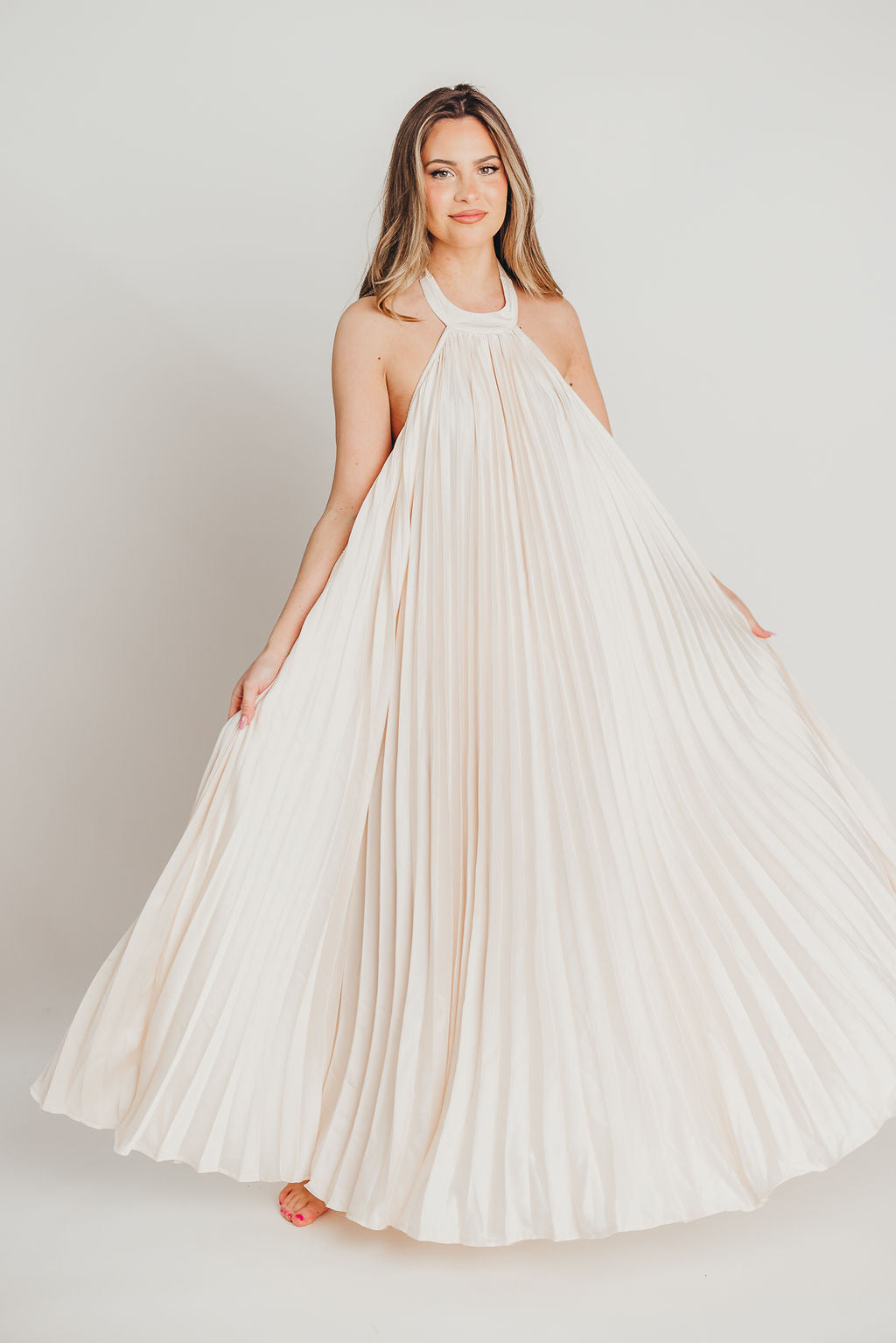 Maren Pleated Halter Maxi Dress in Cream