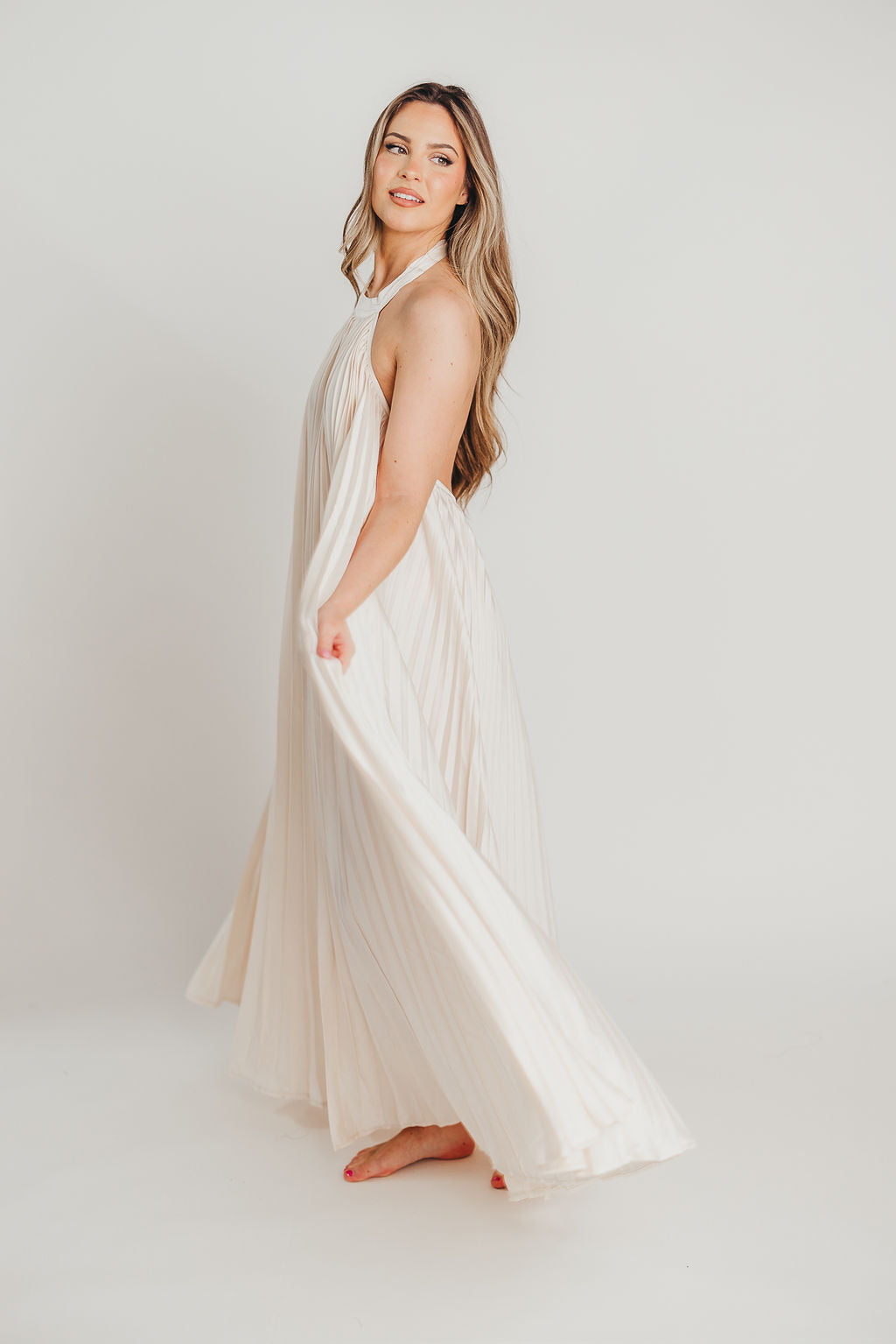 Maren Pleated Halter Maxi Dress in Cream