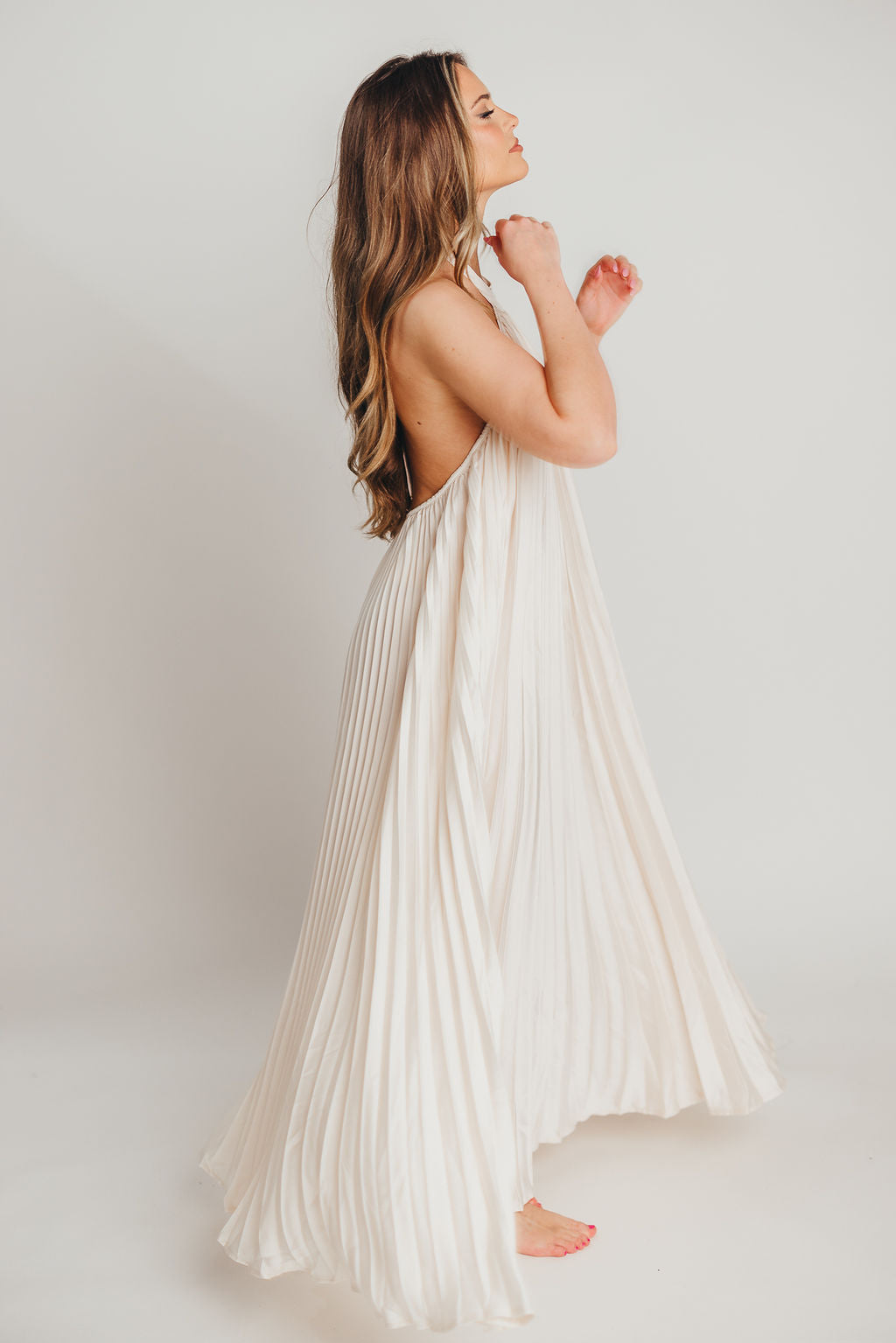 Maren Pleated Halter Maxi Dress in Cream