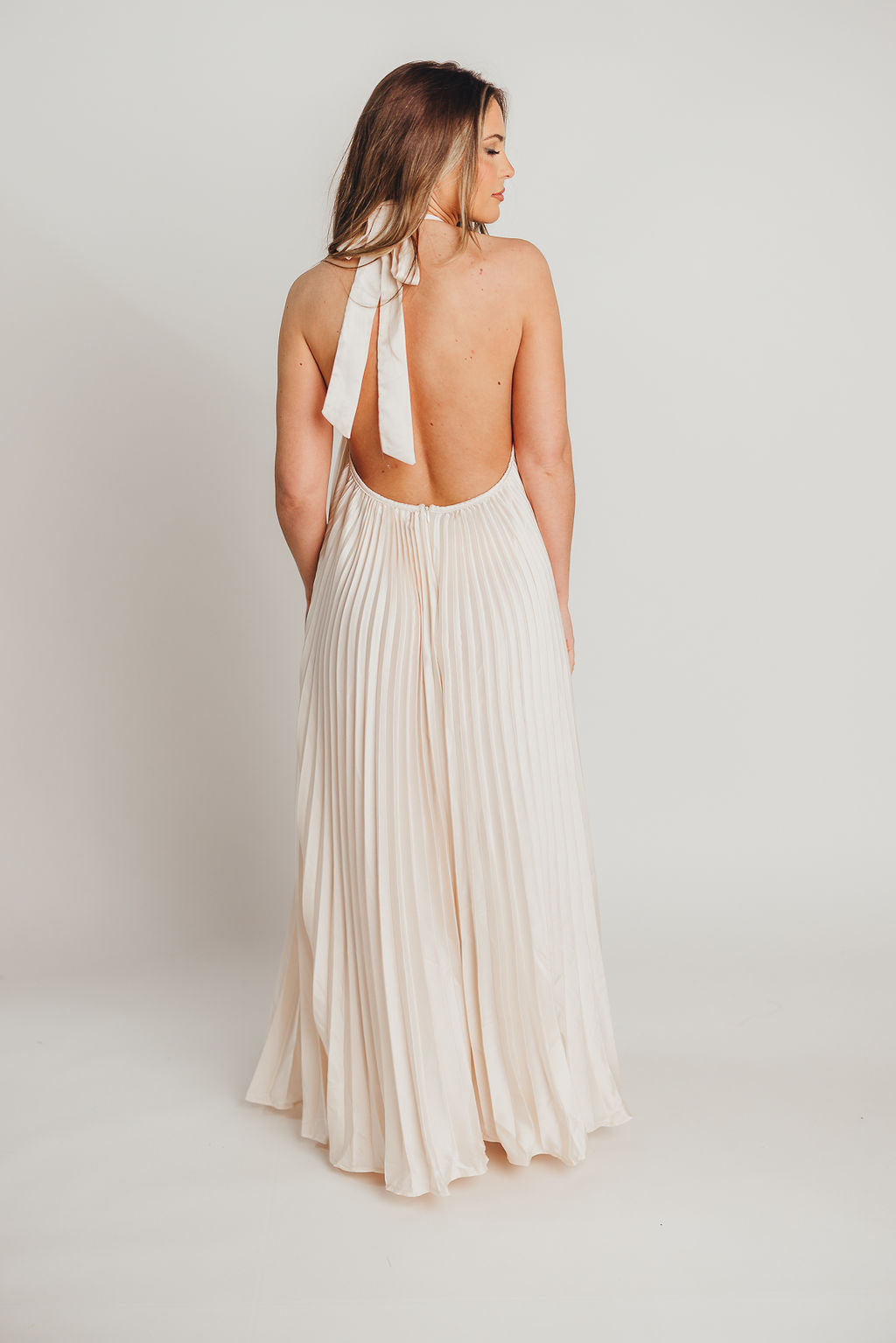 Maren Pleated Halter Maxi Dress in Cream
