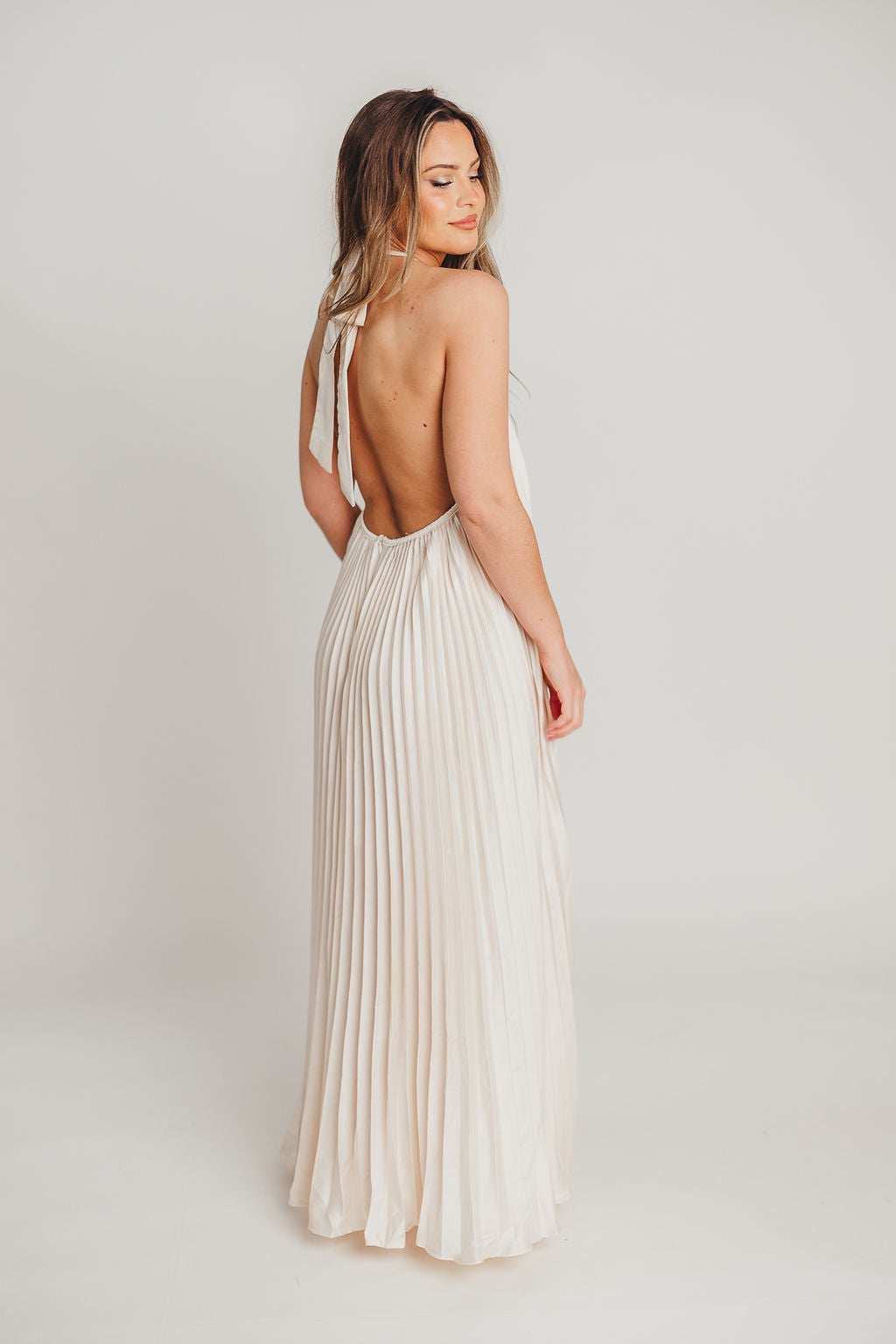 Maren Pleated Halter Maxi Dress in Cream
