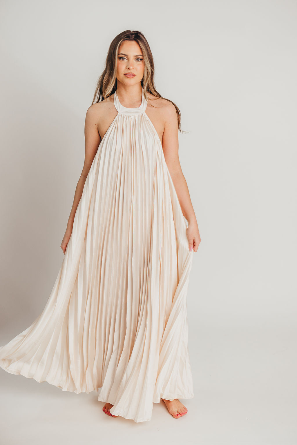 Maren Pleated Halter Maxi Dress in Cream