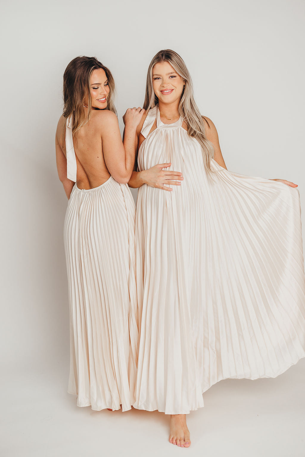 Maren Pleated Halter Maxi Dress in Cream
