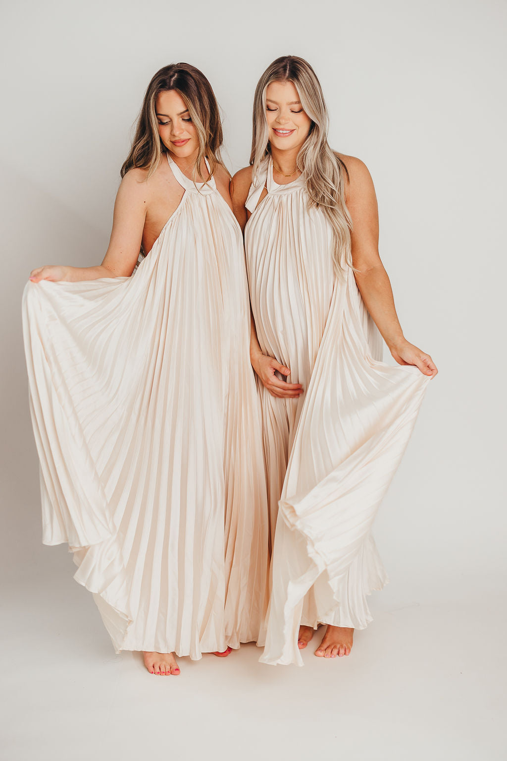 Maren Pleated Halter Maxi Dress in Cream