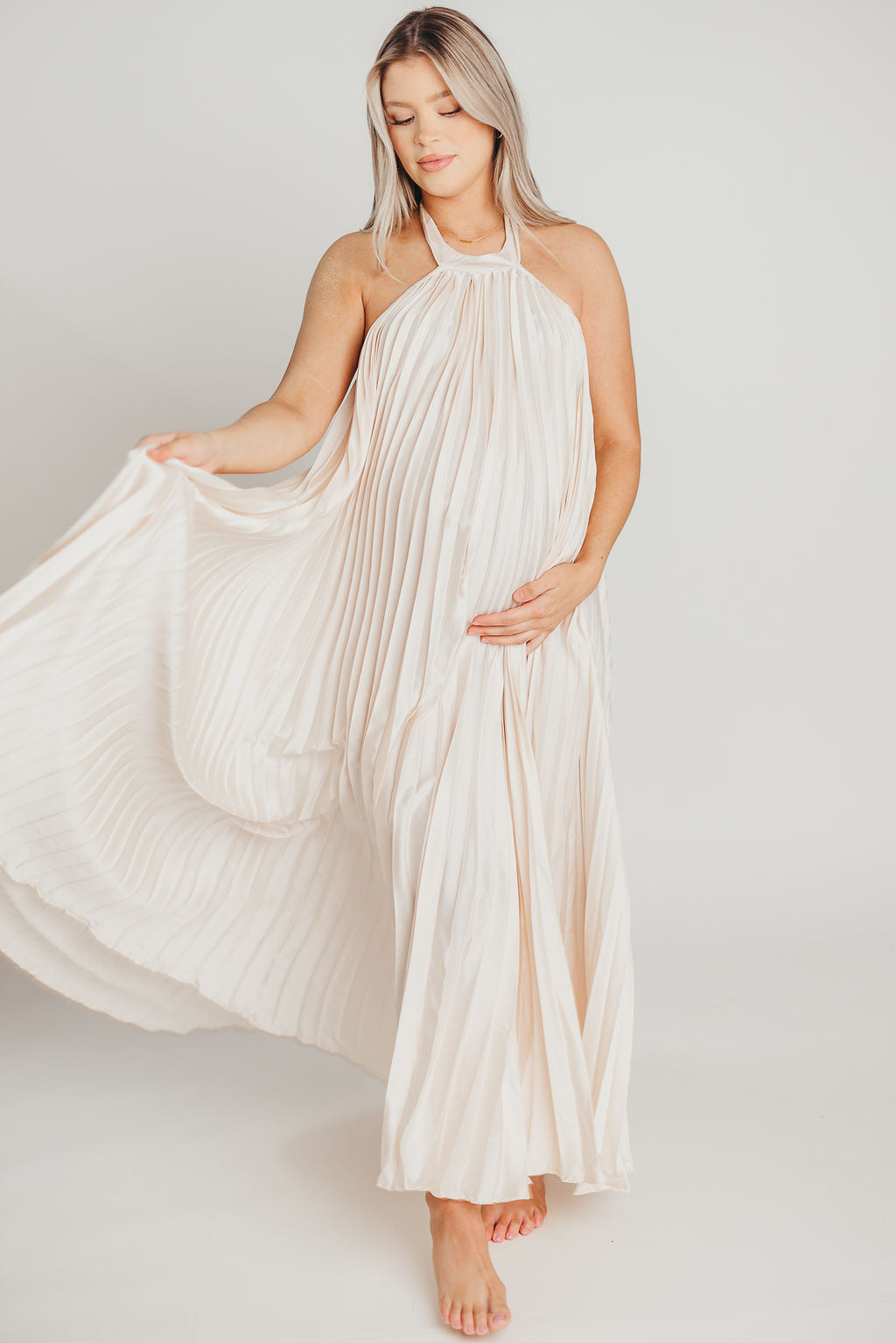 Maren Pleated Halter Maxi Dress in Cream