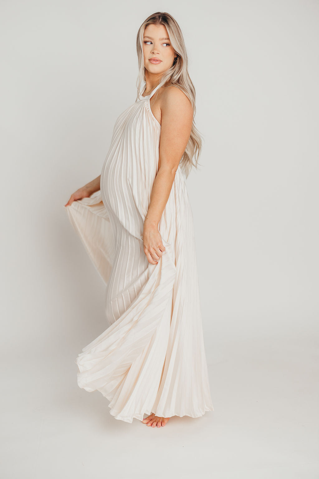 Maren Pleated Halter Maxi Dress in Cream