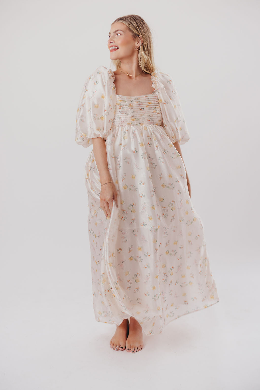 Melody Maxi Dress with Pleats and Bow Detail in Yellow Rose Floral - Bump Friendly & Inclusive Sizing (S-3XL)