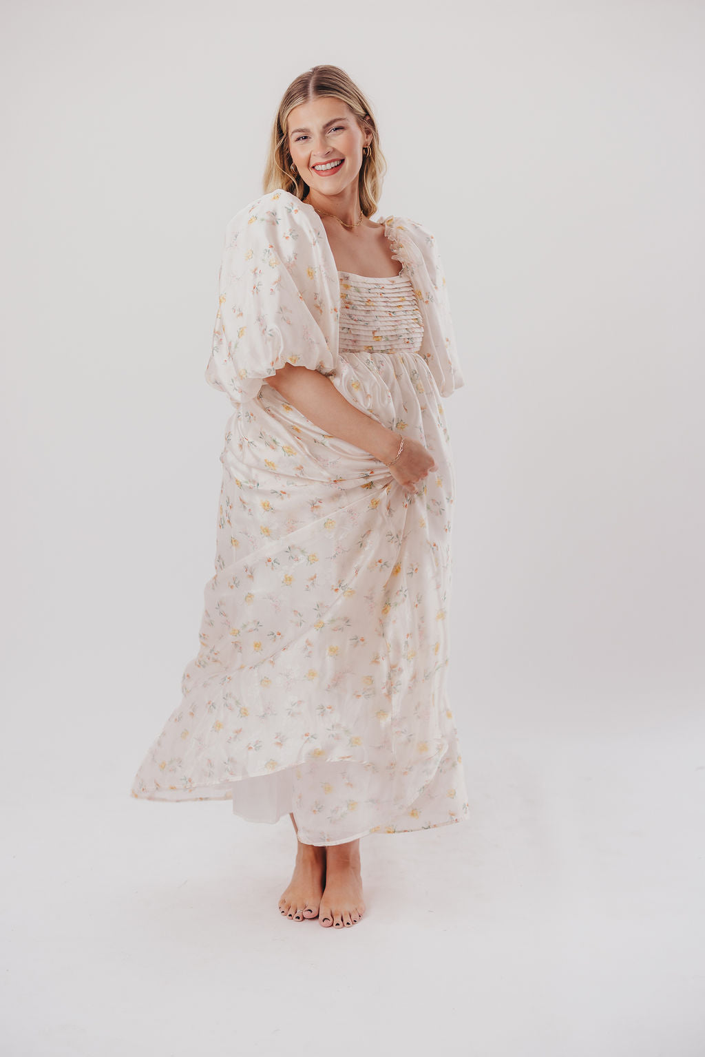 Melody Maxi Dress with Pleats and Bow Detail in Yellow Rose Floral - Bump Friendly & Inclusive Sizing (S-3XL)