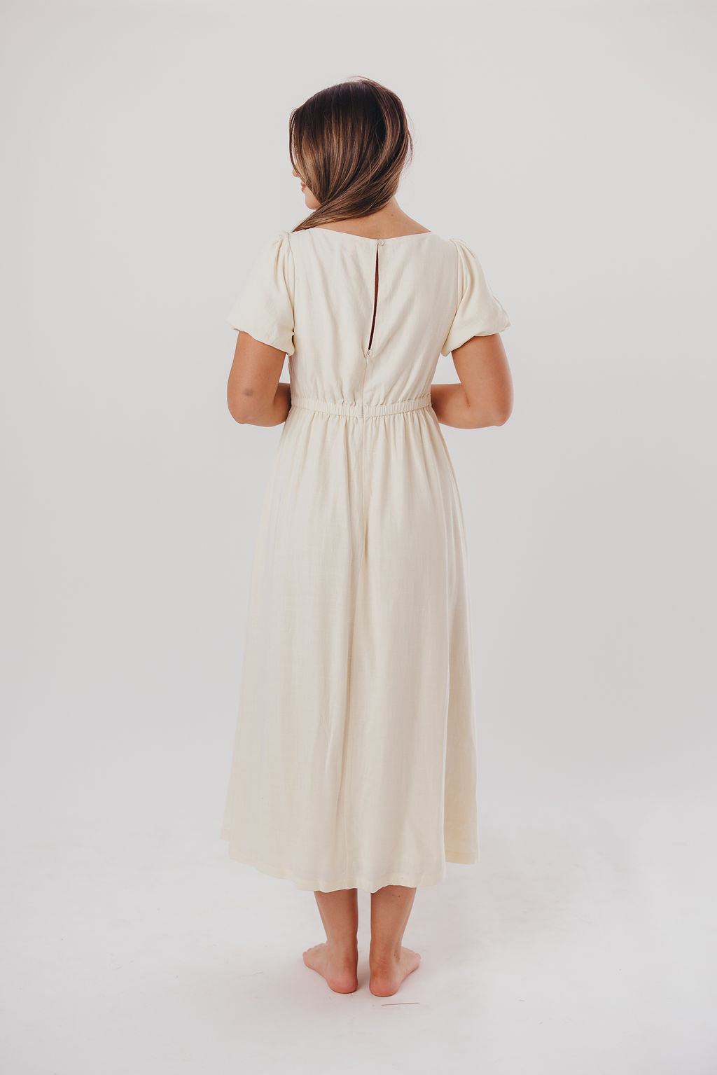 Ainsley Square Neck Midi Dress with Puffed Sleeves in Ivory- Bump Friendly & Inclusive Sizing (S-3XL)