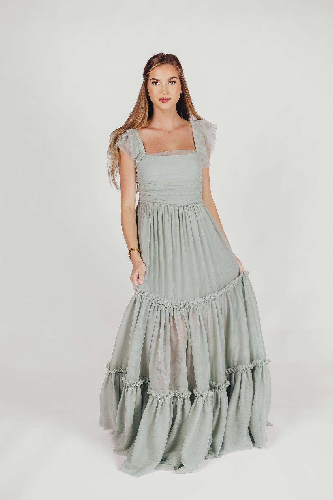 Bellatiered tulle maxi dress in sage - bump friendly & inclusive sizing (s-3xl)