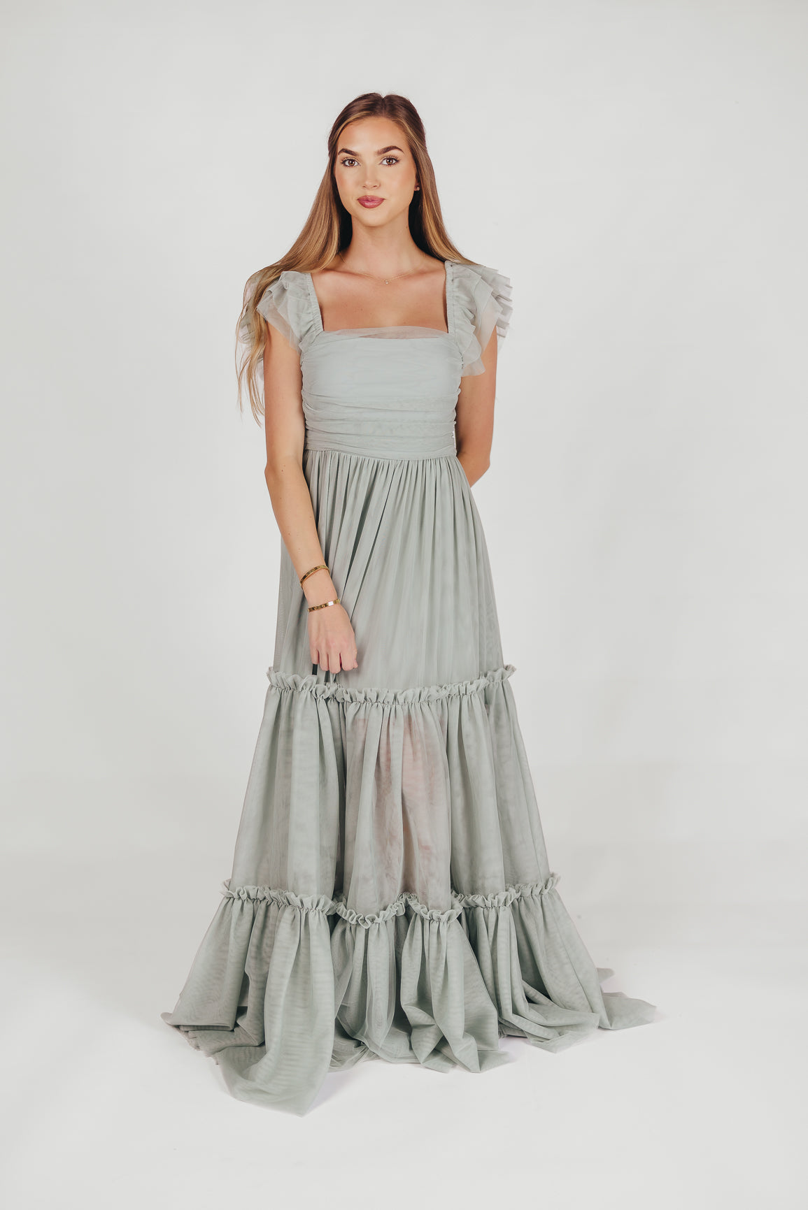 Bellatiered tulle maxi dress in sage - bump friendly & inclusive sizing (s-3xl)