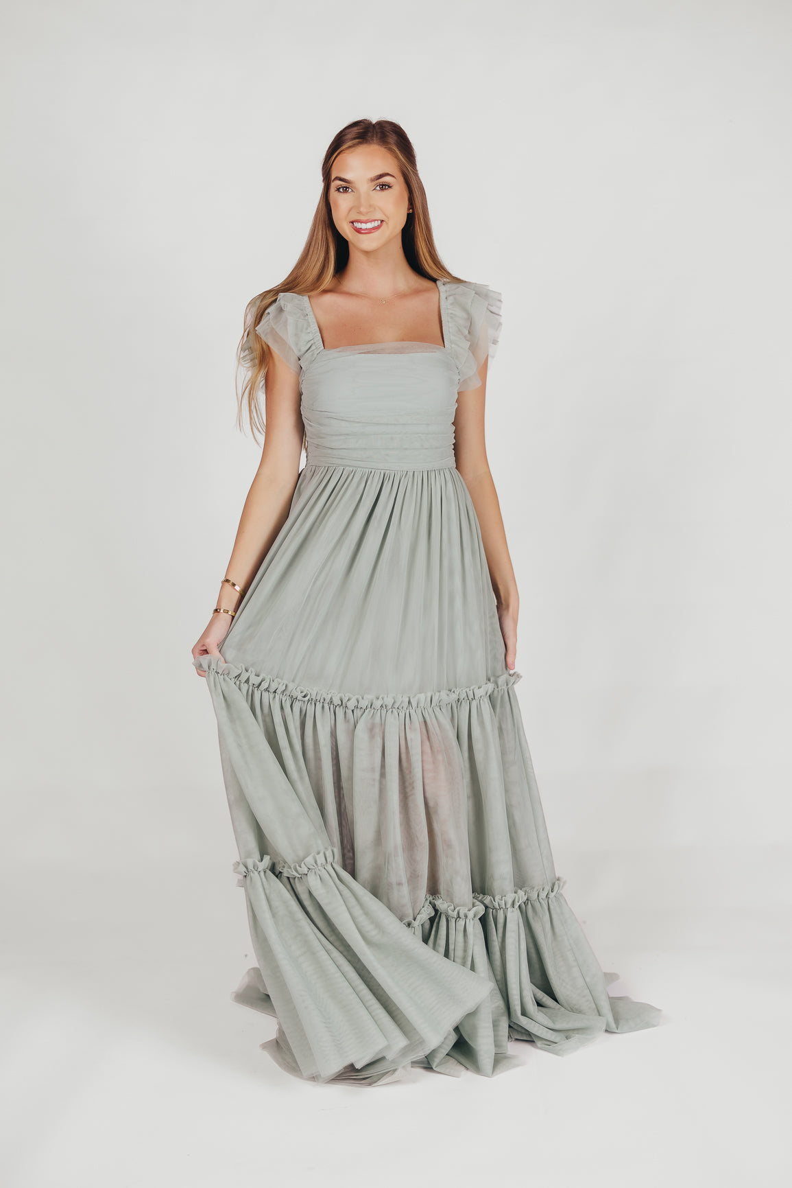 Bellatiered tulle maxi dress in sage - bump friendly & inclusive sizing (s-3xl)