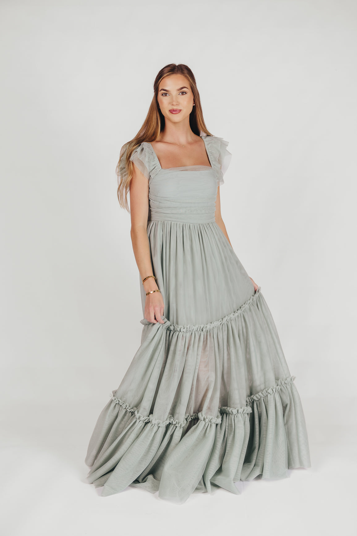 Bellatiered tulle maxi dress in sage - bump friendly & inclusive sizing (s-3xl)