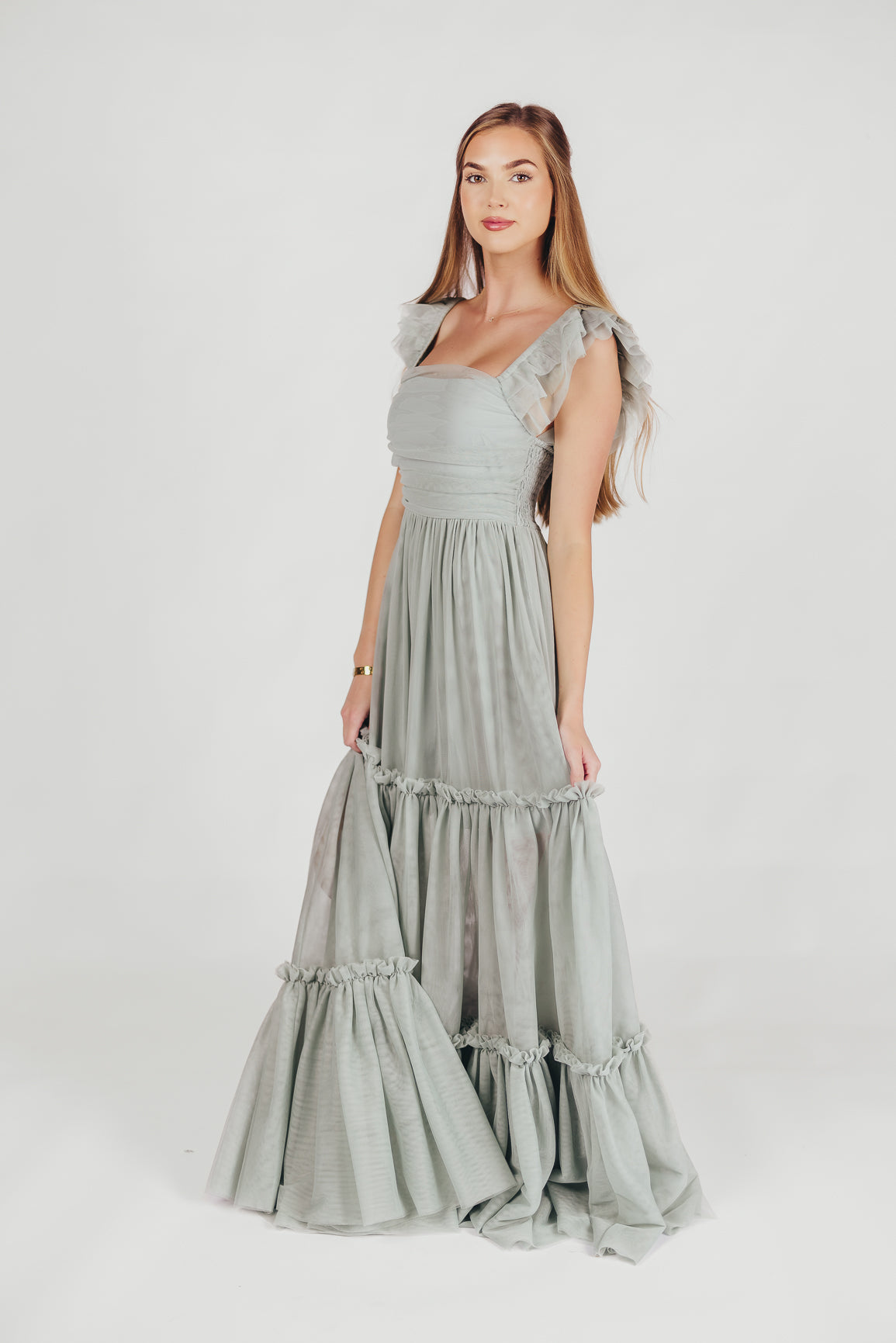 Bellatiered tulle maxi dress in sage - bump friendly & inclusive sizing (s-3xl)