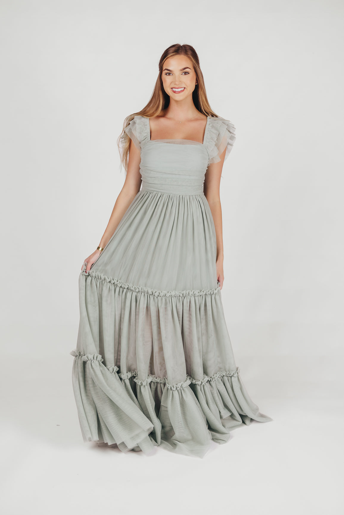 Bellatiered tulle maxi dress in sage - bump friendly & inclusive sizing (s-3xl)